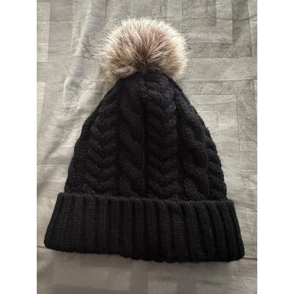 Timberland Hat Beanie Womens One‎ Size Black Cable Knit Pom Pom Sherpa Lined
